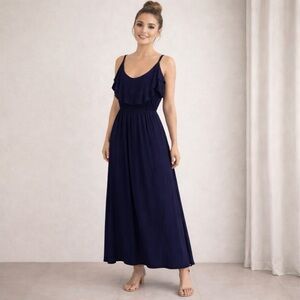 Forever 21 Navy Blue Sz 1X Boho Maxi Dress Ruffle  Flowy Ankle Length Sleeveless